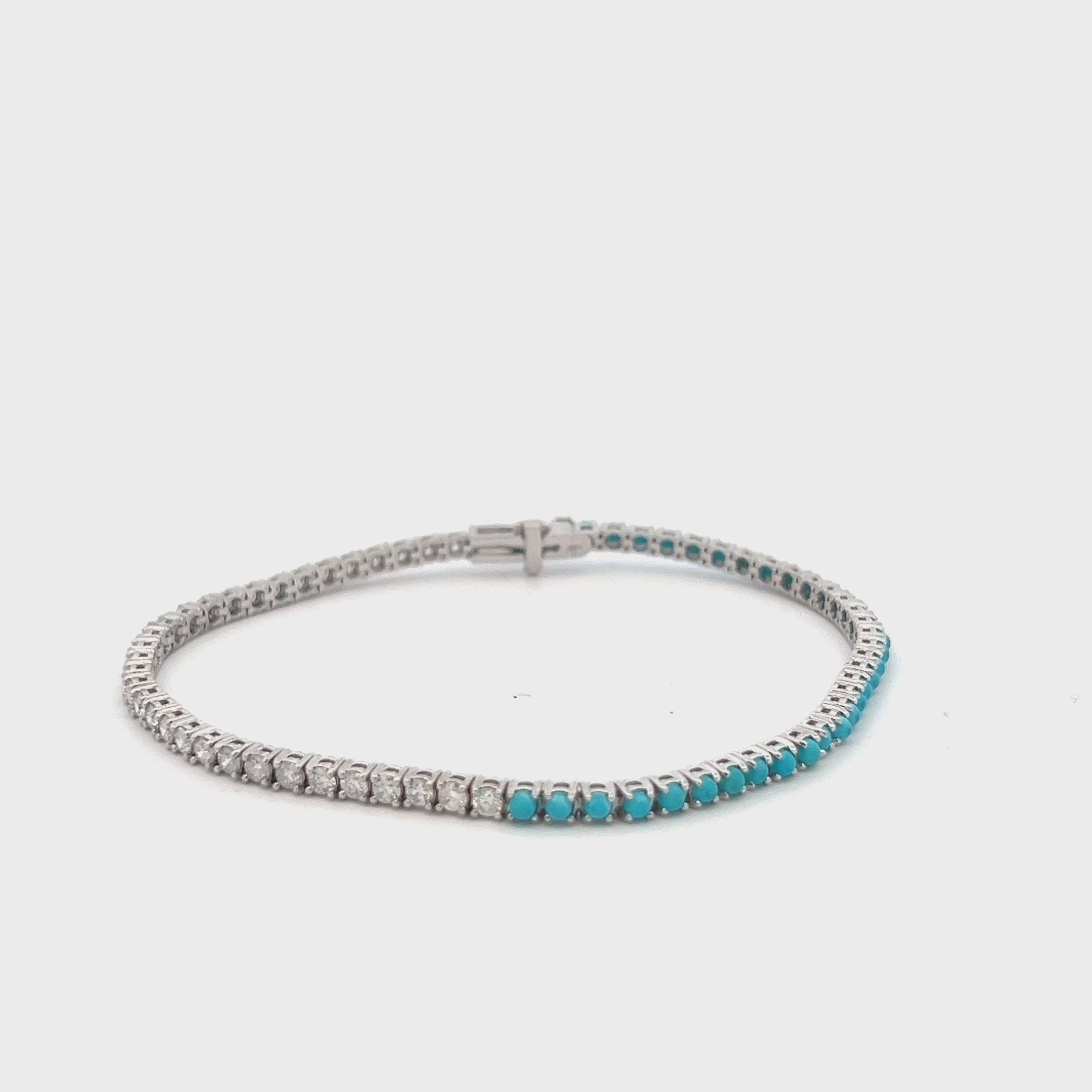 Half Diamond & Half Turquoise Tennis Bracelet (3.80 ct.) 4-Prongs Setting in 14K Gold