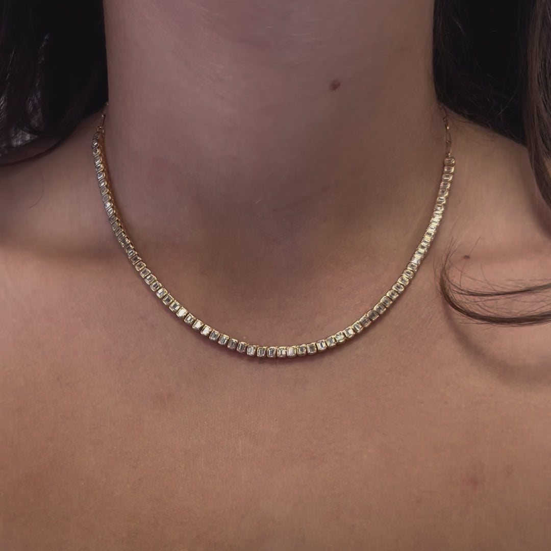 Half Way Emerald Cut Diamond Tennis Necklace & Half Paperclip Chain (4.00 ct.) Bezel Set in 18K Gold