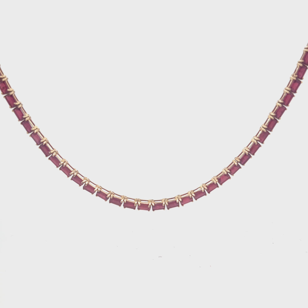 East West Ruby Emerald Cut Tennis Necklace (33.00 ct.) 4-Prongs Setting in 14K Gold