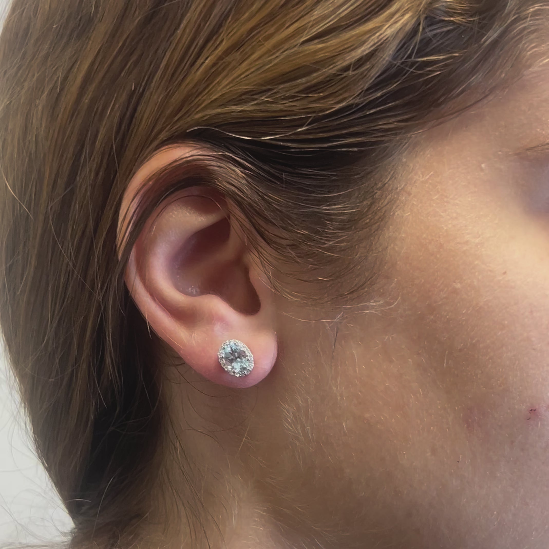 Oval Cut Aquamarine with Diamond Halo Earrings (1.80 ct.) in 14K Gold