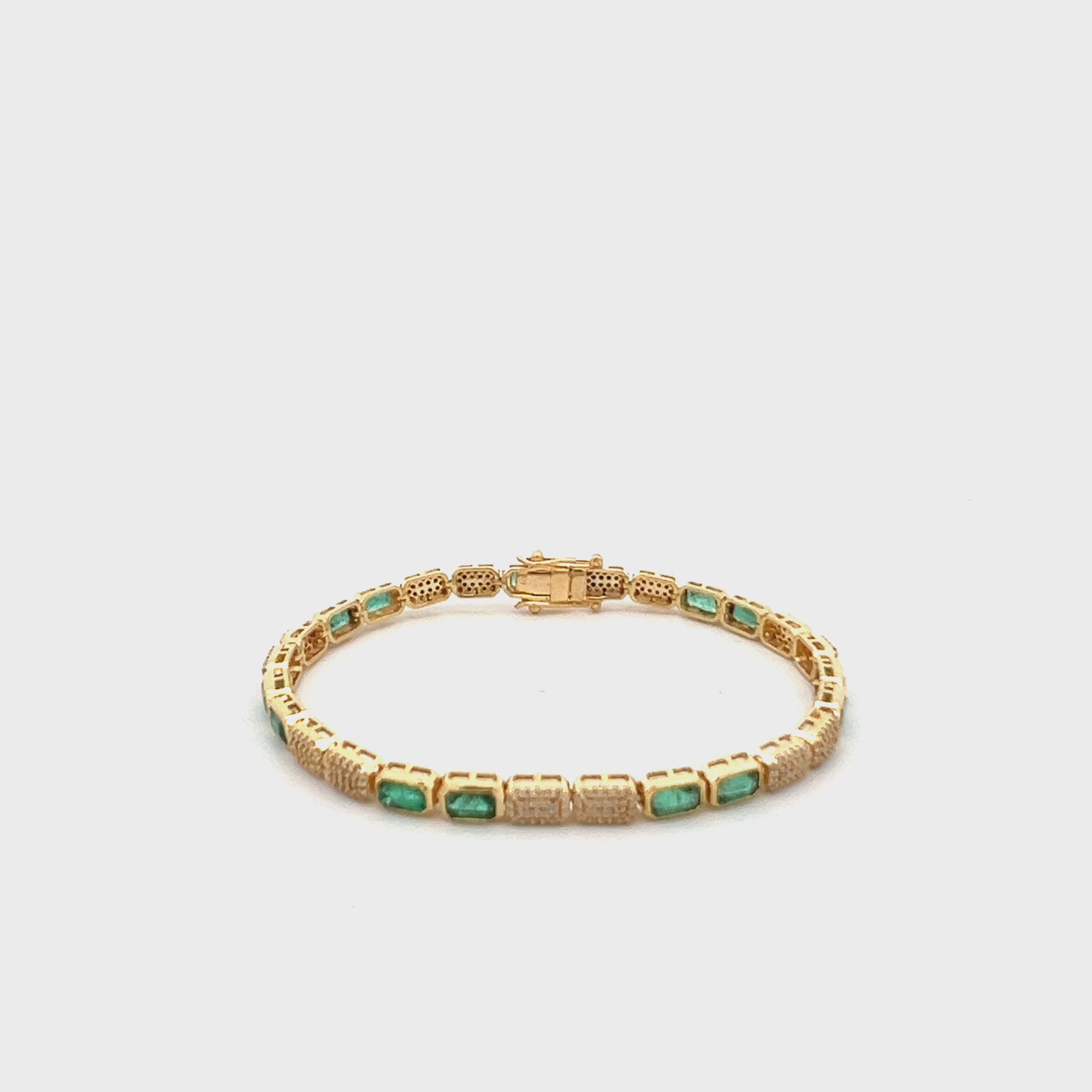 Emerald Cut Emerald & Pave Diamonds Tennis Bracelet (5.50 ct.) Bezel Setting in 14K Gold