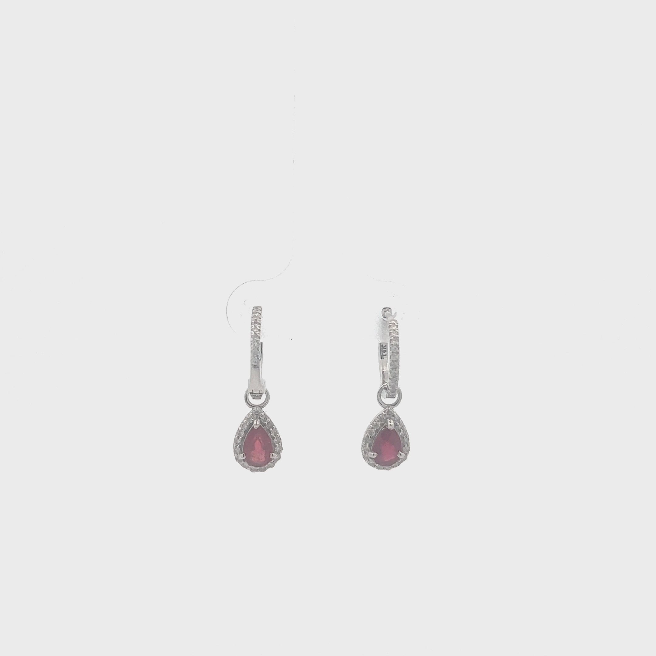 Diamond Hoop & Dangle Red Ruby Pear Shape With Diamond Halo Earrings (1.69 ct.) in 14K Gold