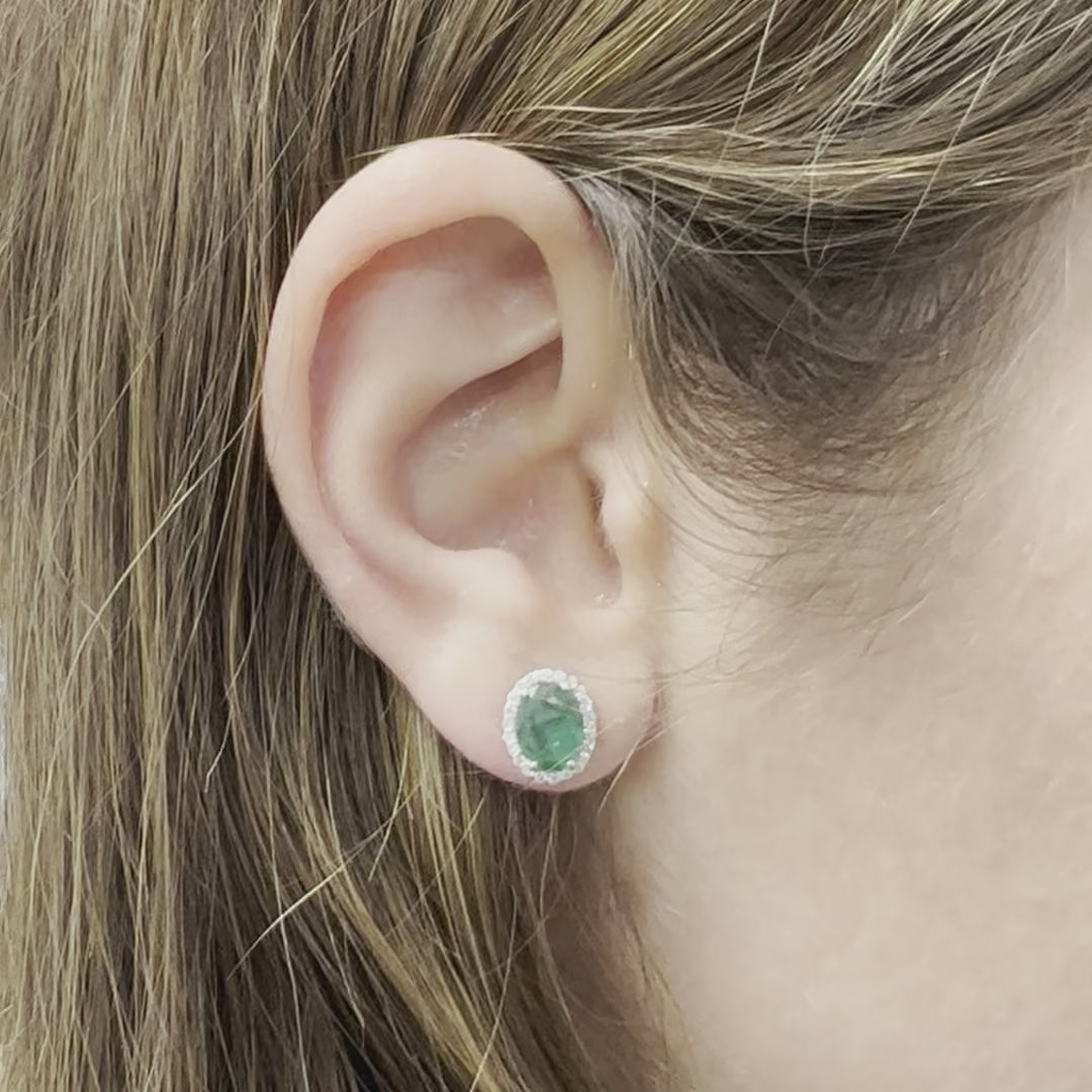 Emerald Oval Shape Halo Diamonds Studs Earrings (2.44 ct.) in 14K Gold