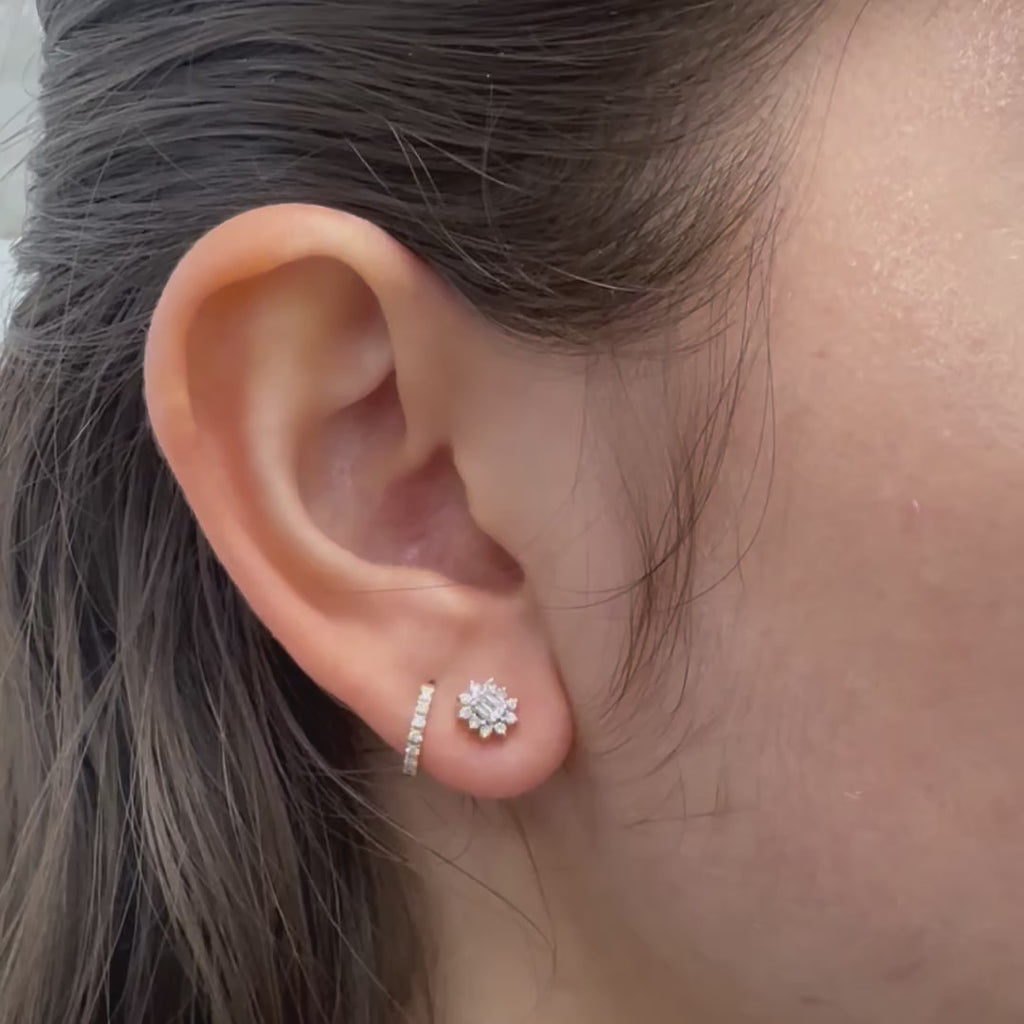 Emerald Cut Emerald Diamond halo Studs Earrings (0.35 ct.) in 14K Gold