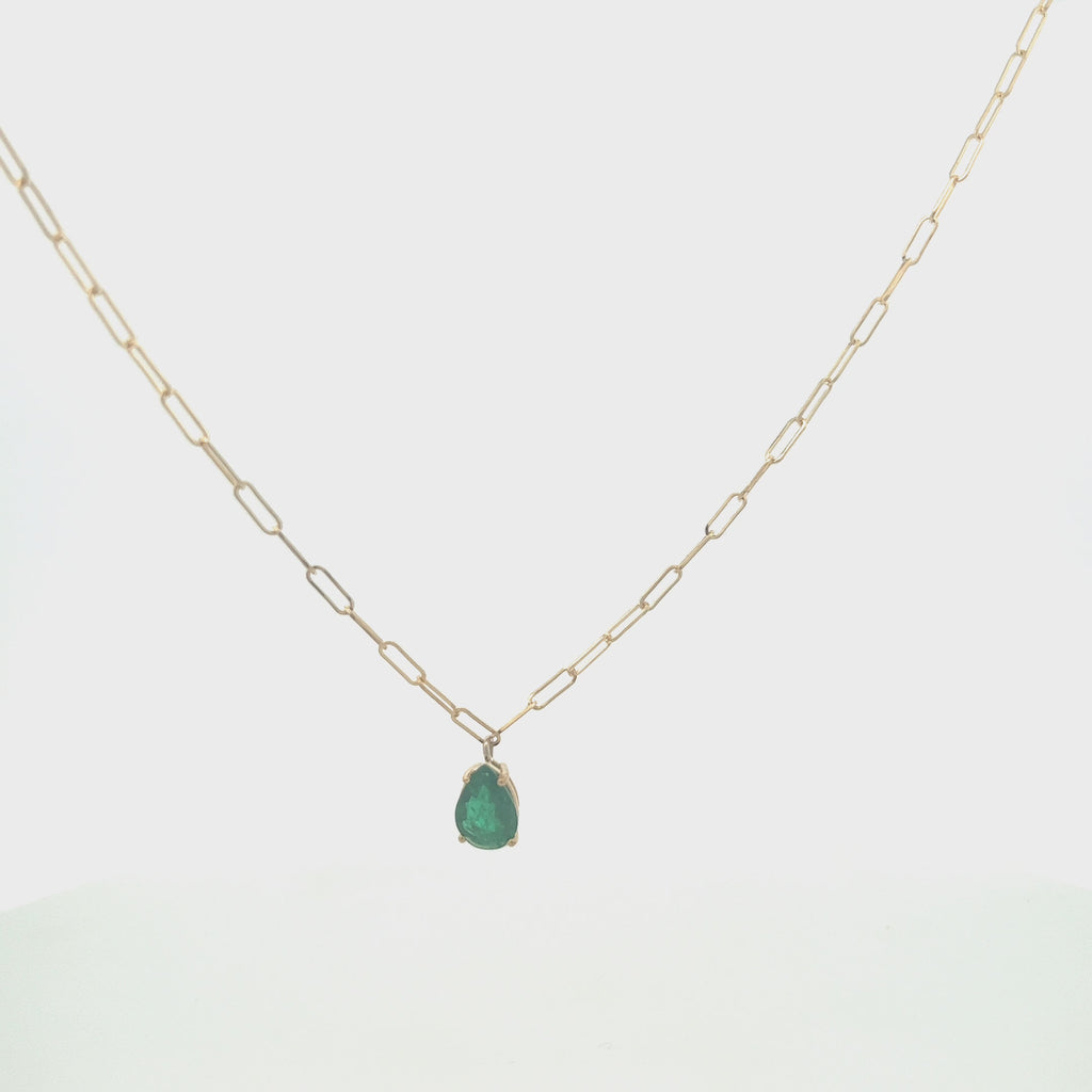 Pear Shape Genuine Emerald Pendant Necklace With Paper Clip Chain in 14K Gold
