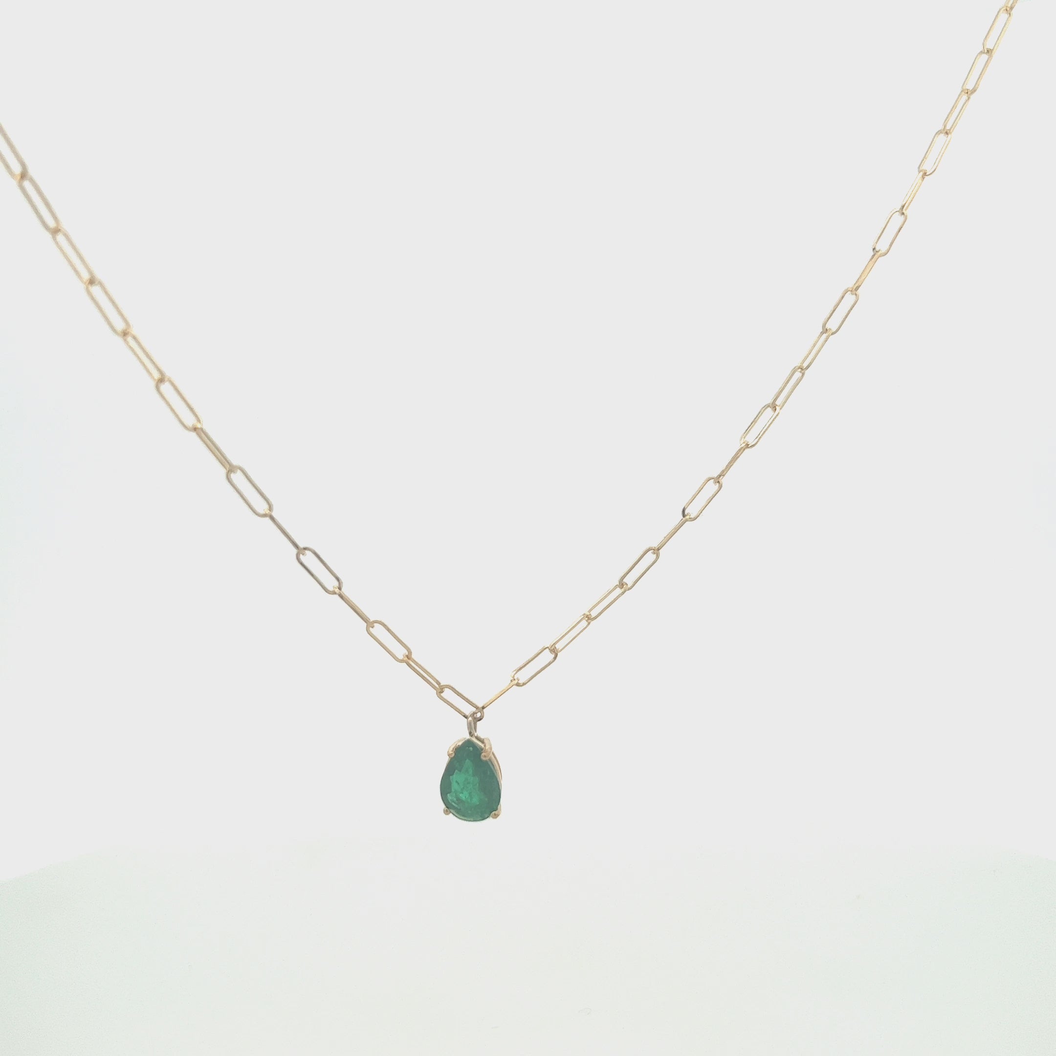 Pear Shape Genuine Emerald Pendant Necklace With Paper Clip Chain in 14K Gold