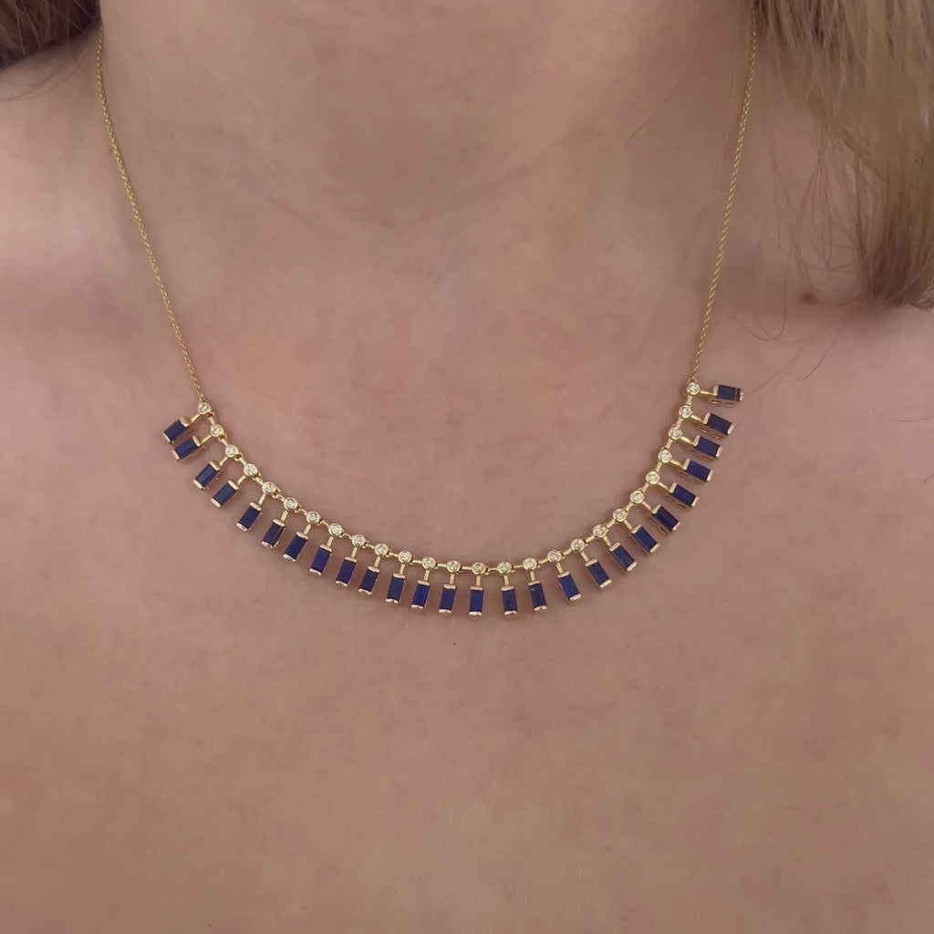 Diamond & Dangling Emerald Cut Sapphire Choker Necklace (4.10 ct.) in 14K Gold