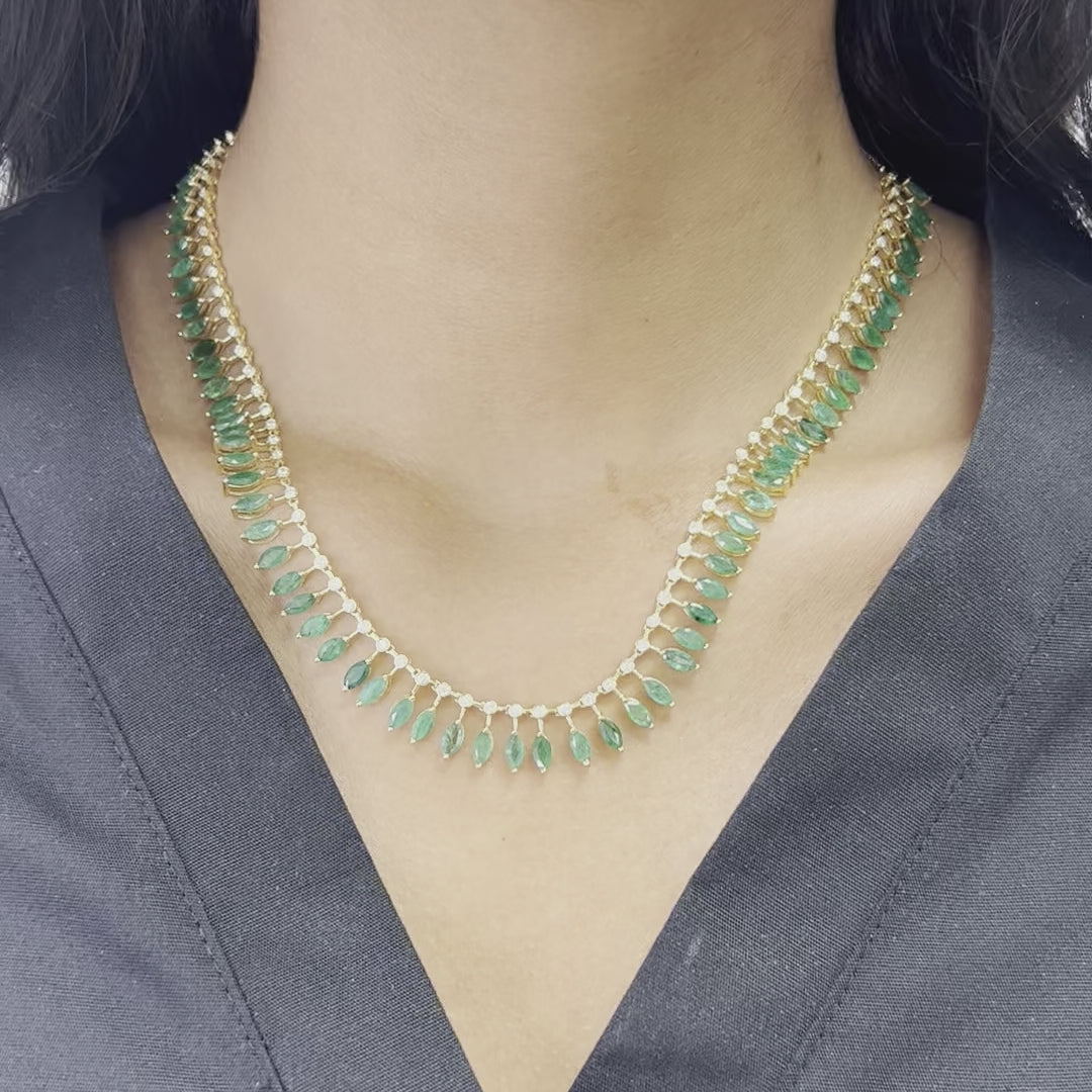 Diamond & Dangling Marquise Shape Emerald Choker Necklace (16.80 ct.) in 14K Gold