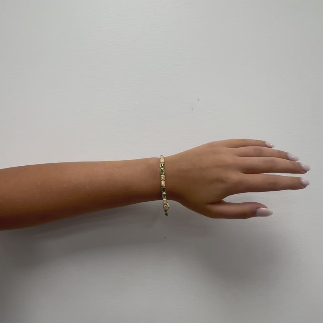 Emerald Cut Emerald & Pave Diamonds Tennis Bracelet (5.50 ct.) Bezel Setting in 14K Gold