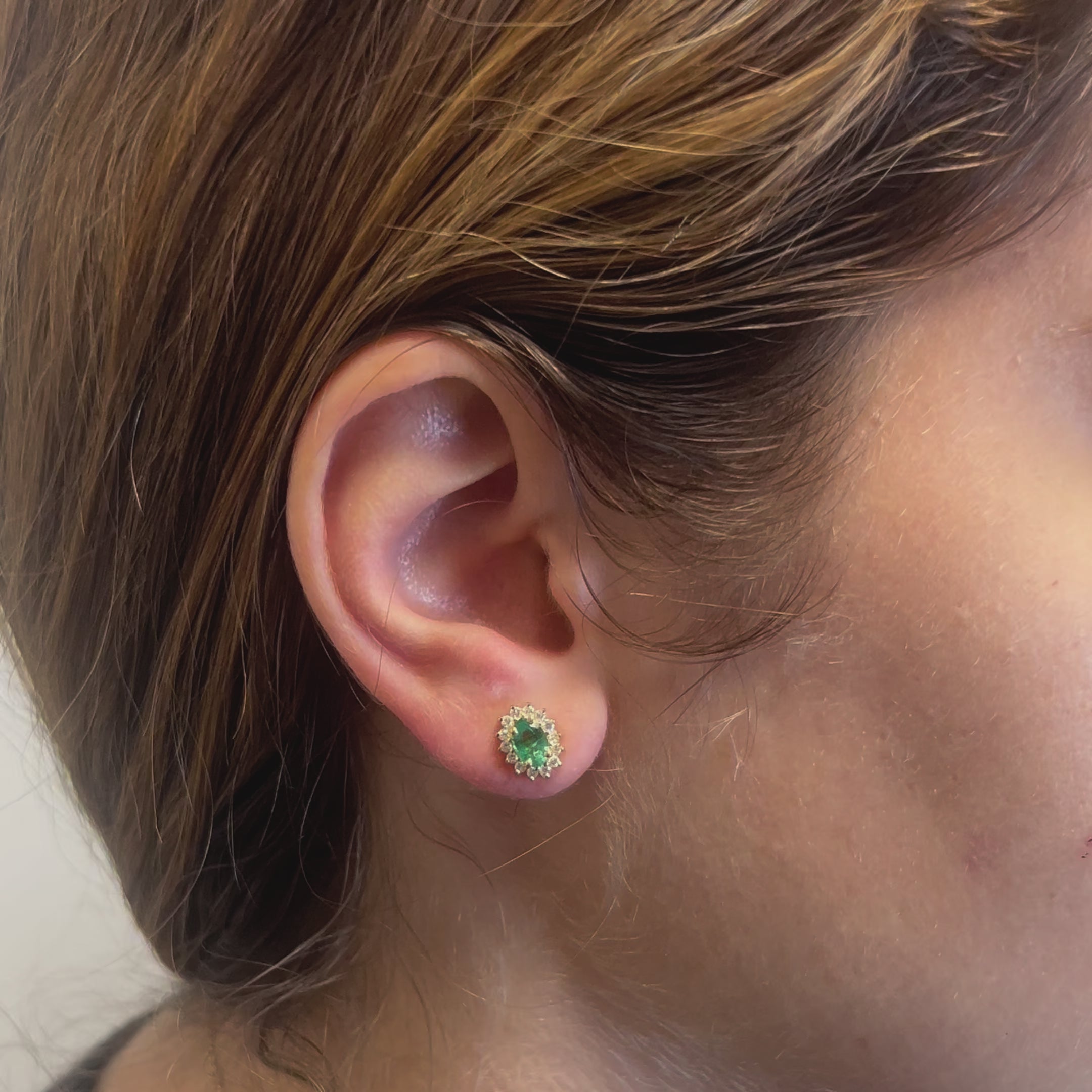 Emerald Oval Shape With Halo Diamonds Studs Earrings (1.10 ct.) in 14K Gold