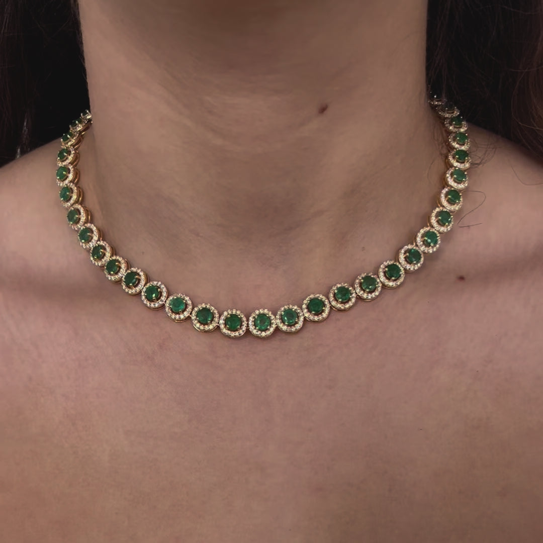 Emerald & Diamond Halo Tennis Necklace ( 16.30 ct.) in 14K Gold