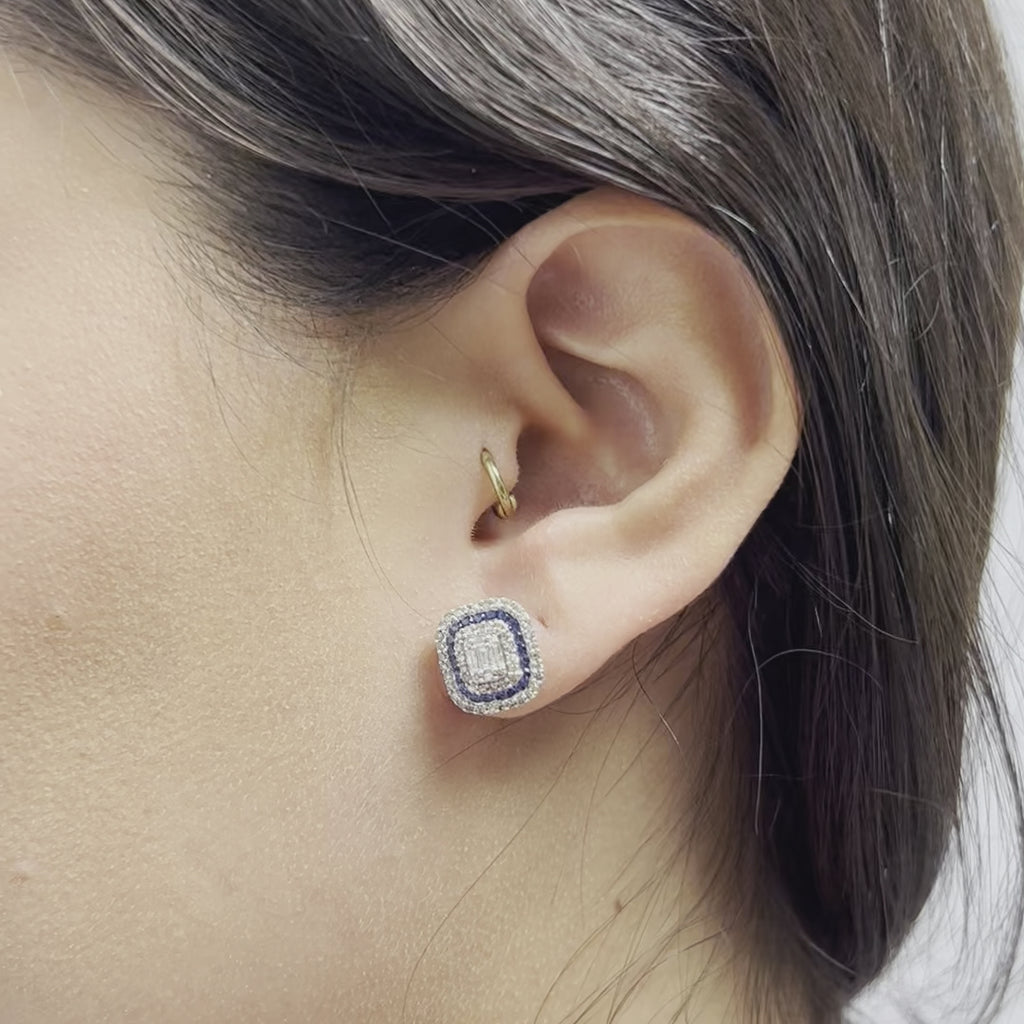 Triple Halo Diamonds & Blue Sapphire Rectangular Shape Studs Earrings (1.00 ct.) in 14K Gold