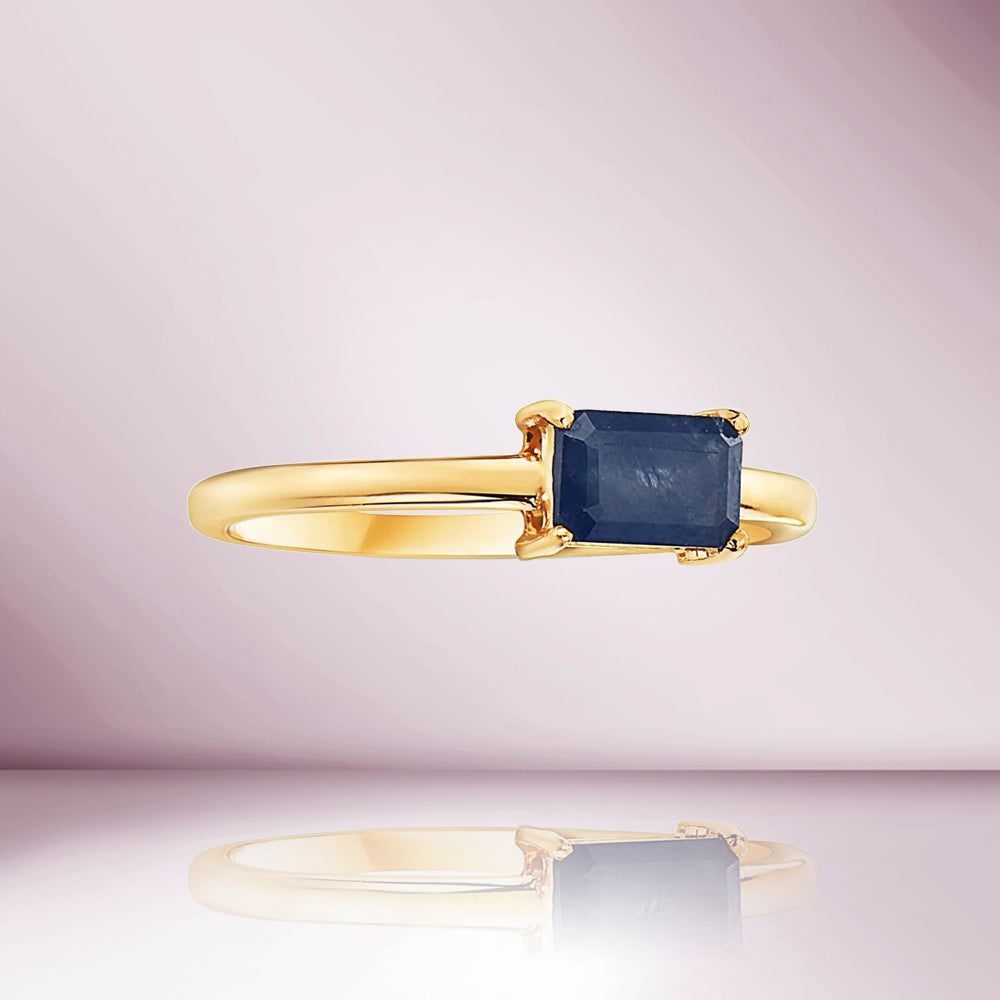 Emerald Cut Blue Sapphire Solitaire Ring (0.89ct) 4-Prongs Setting in 14K Gold