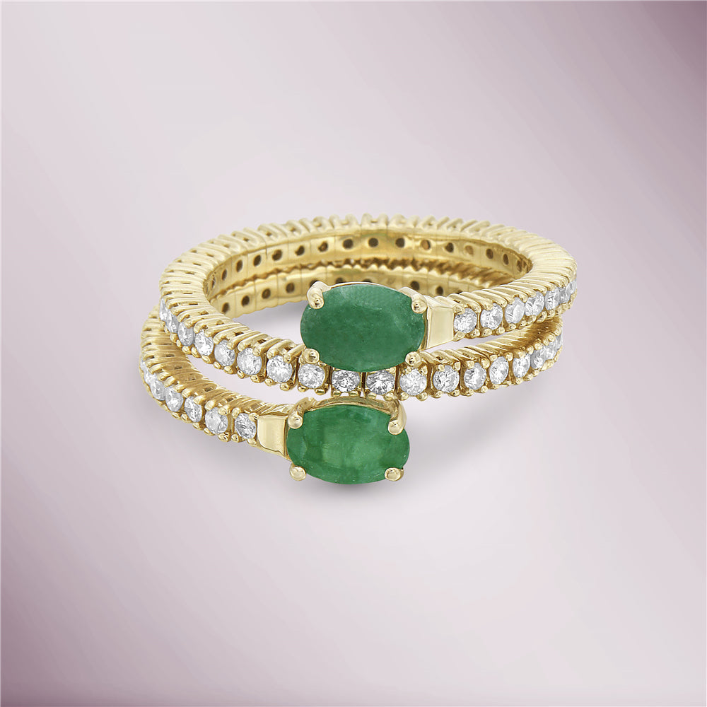 Oval Cut Emerald & Diamond Flexible Double Band Ring (1.56 ct.) 4-Prongs Setting in 14K Gold