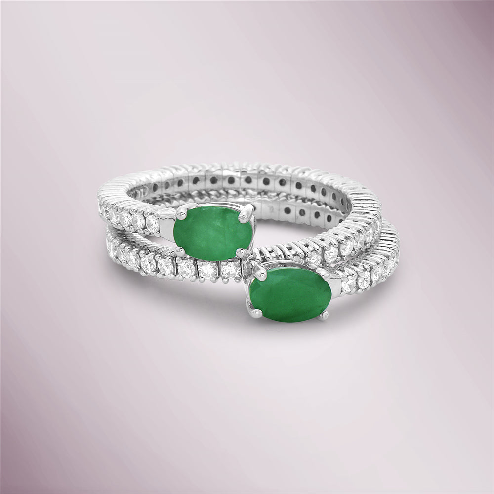 Oval Cut Green Emerald & Diamond Flexible Double Band Ring (1.56 ct.) 4-Prongs Setting in 14K Gold