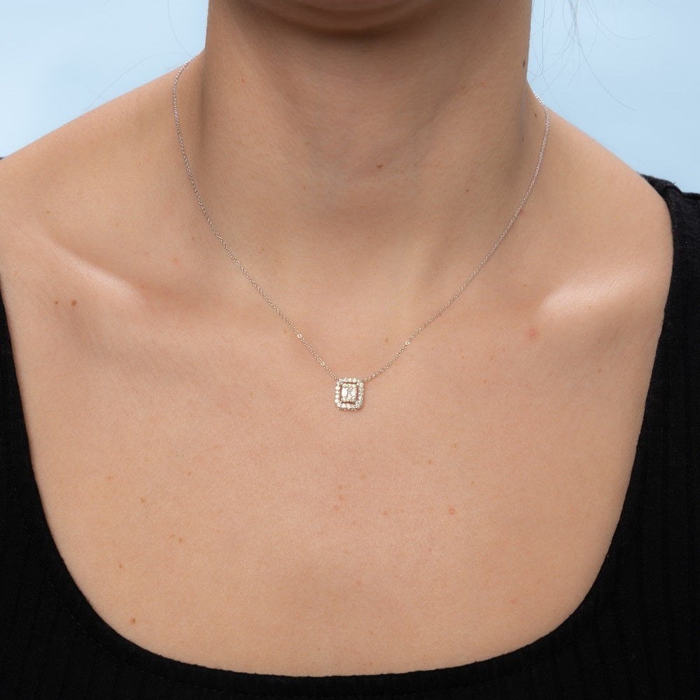 Double Halo Baguette Diamond Rectangular Shape Necklace (0.28 ct.) in 14K Gold