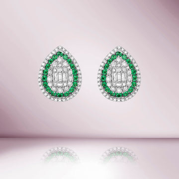 Triple Halo Diamonds & Emeralds Pear Shape Studs Earrings (1.00 ct.)  in 14K Gold