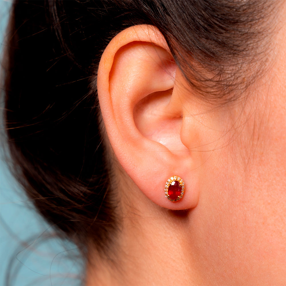 Red Ruby Oval Shape Halo Diamonds Studs Earrings (1.40 ct.) in 14K Gold