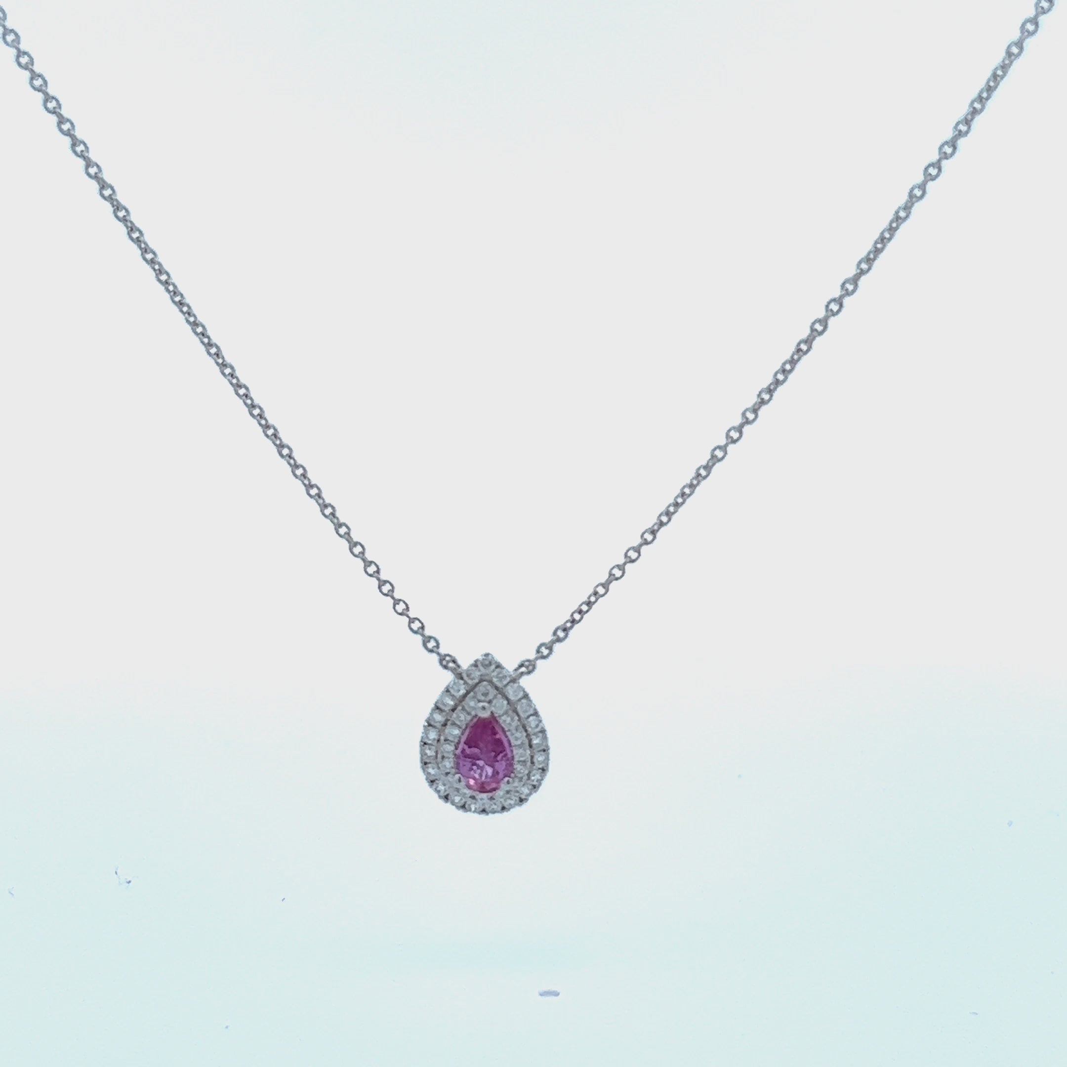 Pear Shape Pink Sapphire With Diamond Halo Necklace (0.73 ct.) in 18K Gold