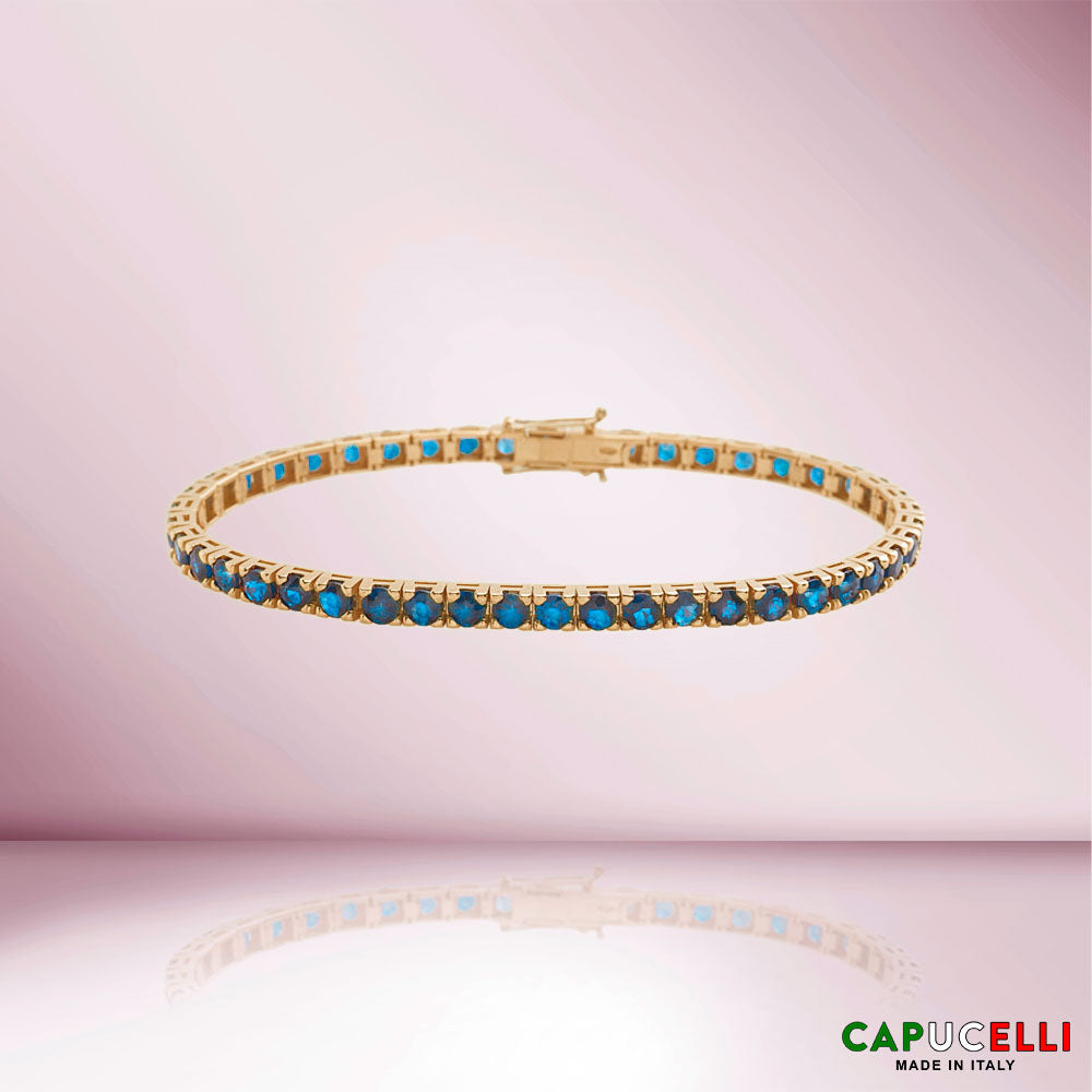 Blue Heat-Diffused Sapphires Tennis Bracelet (10.15 ct.) 4-Prongs Setting in 18K Gold, Made in Italy