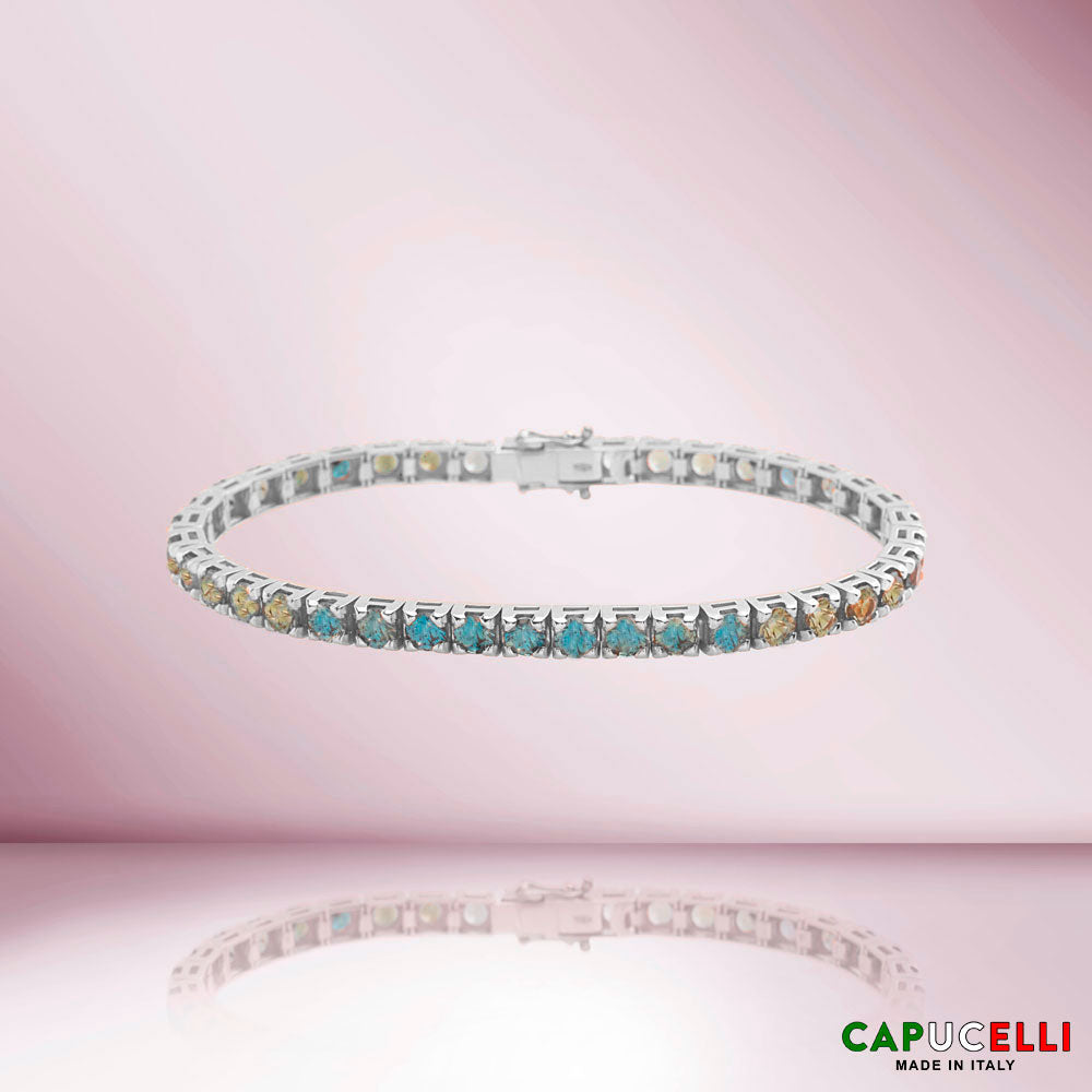 Green Shaded Sapphire Tennis Bracelet (14.00 ct.) 4-Prongs Setting in 18K Gold, Made In Italy