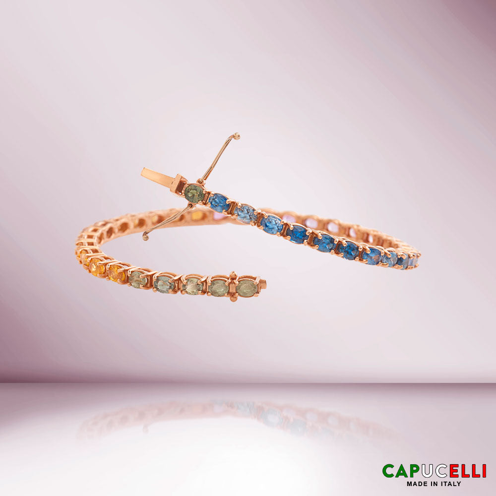 Multicolor Oval Shape Sapphire Tennis Bracelet (10.00 ct.) 4-Prongs Setting in 18K Gold, Made In Italy