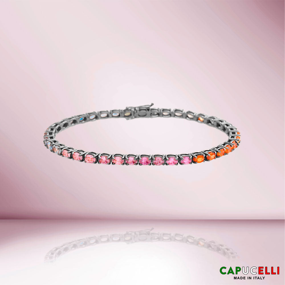 Multicolor Oval Shape Sapphire Tennis Bracelet (10.00 ct.) 4-Prongs Setting in 18K Gold, Made In Italy