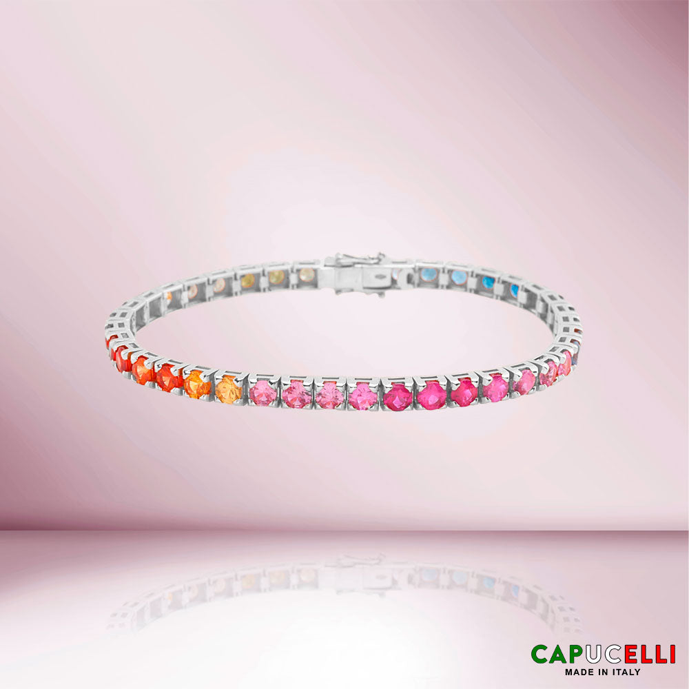 Multicolor Sapphire Tennis Bracelet (14.00 ct.) 4-Prong Setting in 18K Gold, Made In Italy