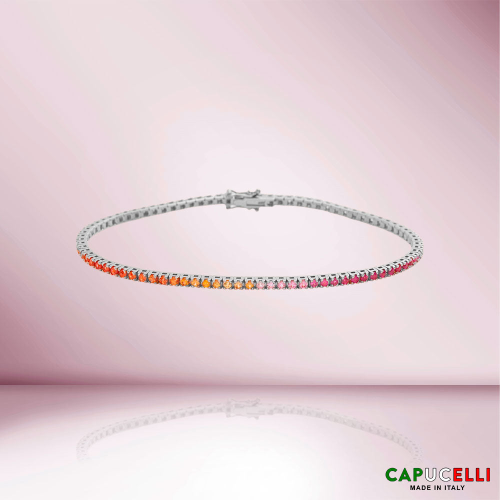 Multicolor Sapphires Tennis Bracelet ( 2.50 ct.) 4-Prongs Setting in 18K Gold, Made In Italy