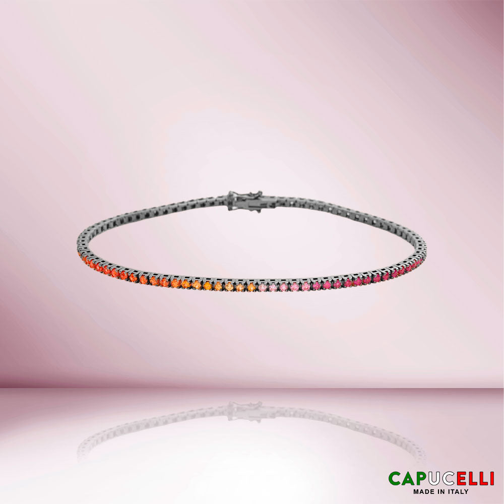 Multicolor Sapphires Tennis Bracelet ( 2.50 ct.) 4-Prongs Setting in 18K Gold, Made In Italy