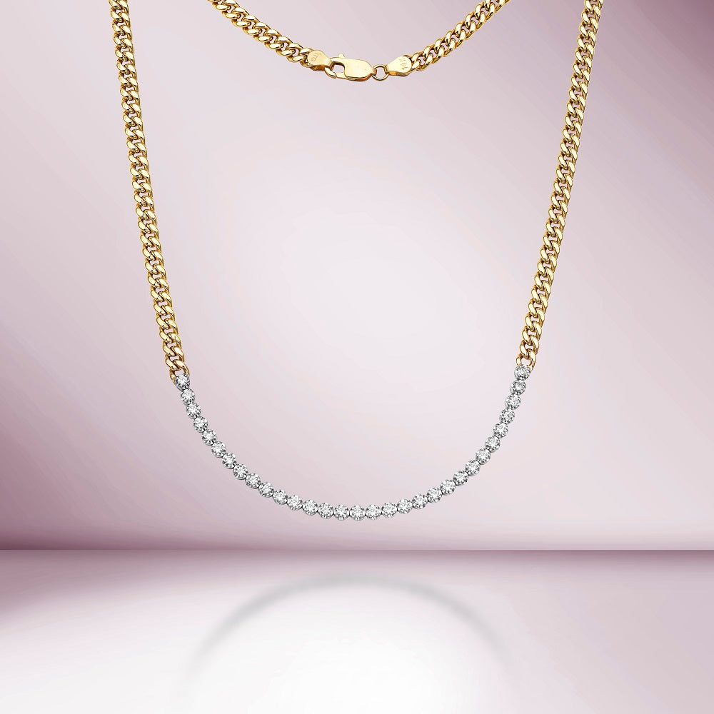 Half Diamond Tennis Necklace & Half Flat Curb Chain (3.00 ct.) Buttercup Settings in 14K Gold