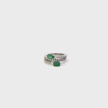 Oval Cut Green Emerald & Diamond Flexible Double Band Ring (1.56 ct.) 4-Prongs Setting in 14K Gold
