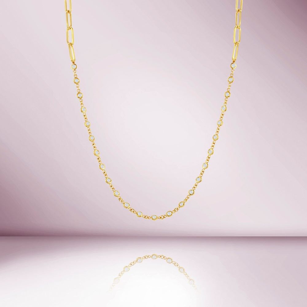 25 Stone Diamonds By The Yard Station Necklace & Half Paper Clip Chain (1.00 ct.) Bezel Set in 14K Gold