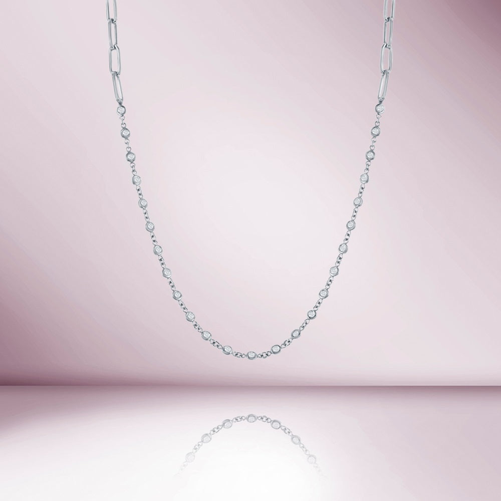 26 Stone Diamond by the Yard Station Necklace and Half Paper Clip Chain (1.03 ct.) Bezel Set in 14K Gold