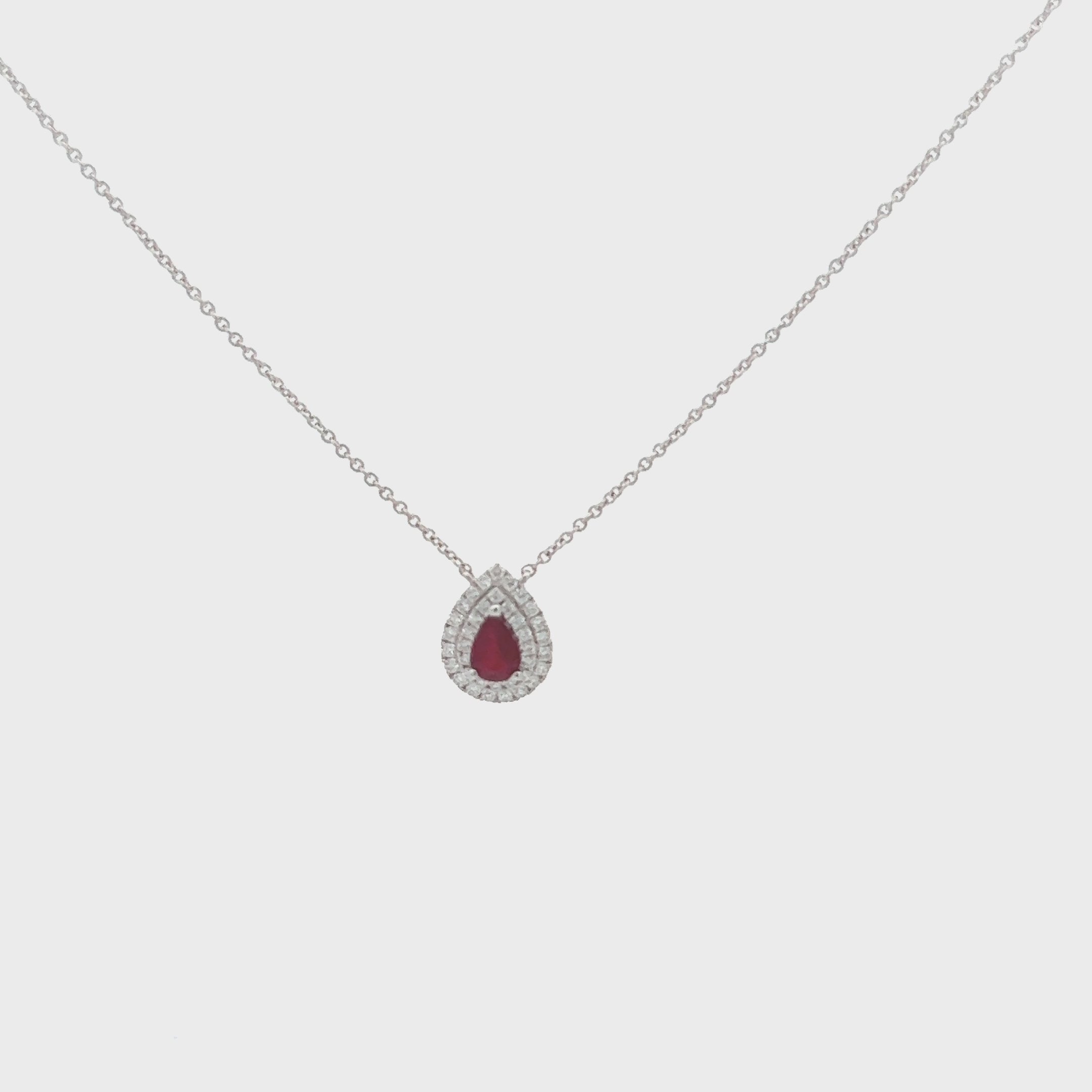 Pear Shape Red Ruby With Diamond Halo Necklace (0.73 ct.) in 18K Gold