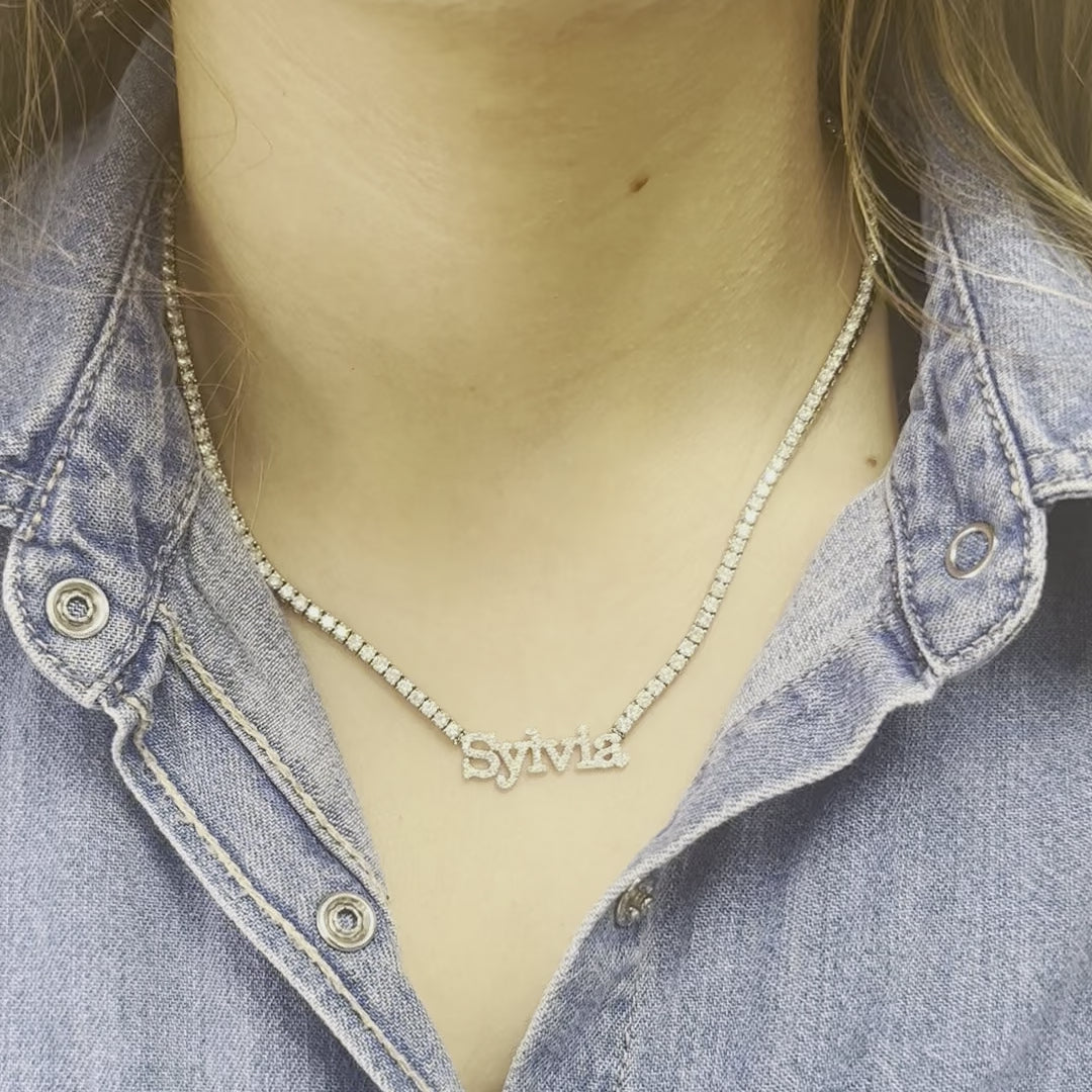 Custom Name Plate Diamond Tennis Necklace (8.50 ct.) 2.3 mm 4-Prongs Setting in 14K Gold