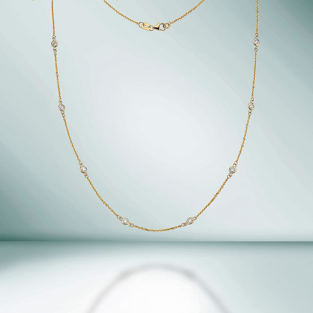 12 Stone Round Brilliant Cut Natural Diamond By The Yard Necklace, Bezel Set Diamond Station Necklace in 14K Gold Chain