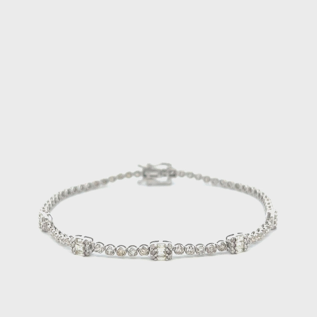 Round & Baguette Diamonds Rectangular Shape Tennis Bracelet (2.15 ct.) Buttercup Setting in 14K Gold