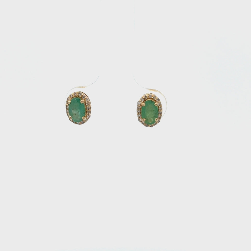Emerald Oval Shape With Halo Diamonds Studs Earrings (0.95 ct.) in 14K Gold