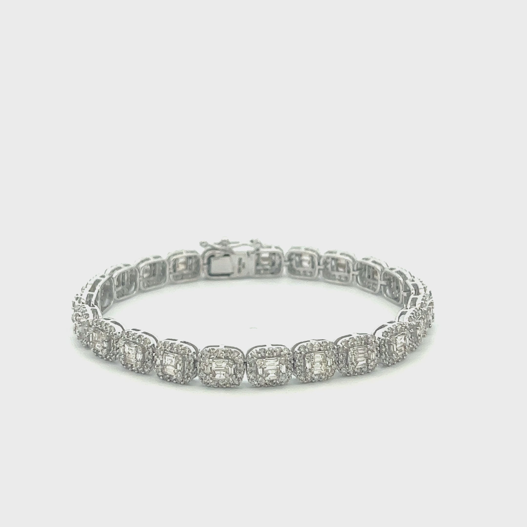 Round & Baguette Diamond Halo Rectangular Shape Tennis Bracelet ( 5.00 ct.) in 14k Gold