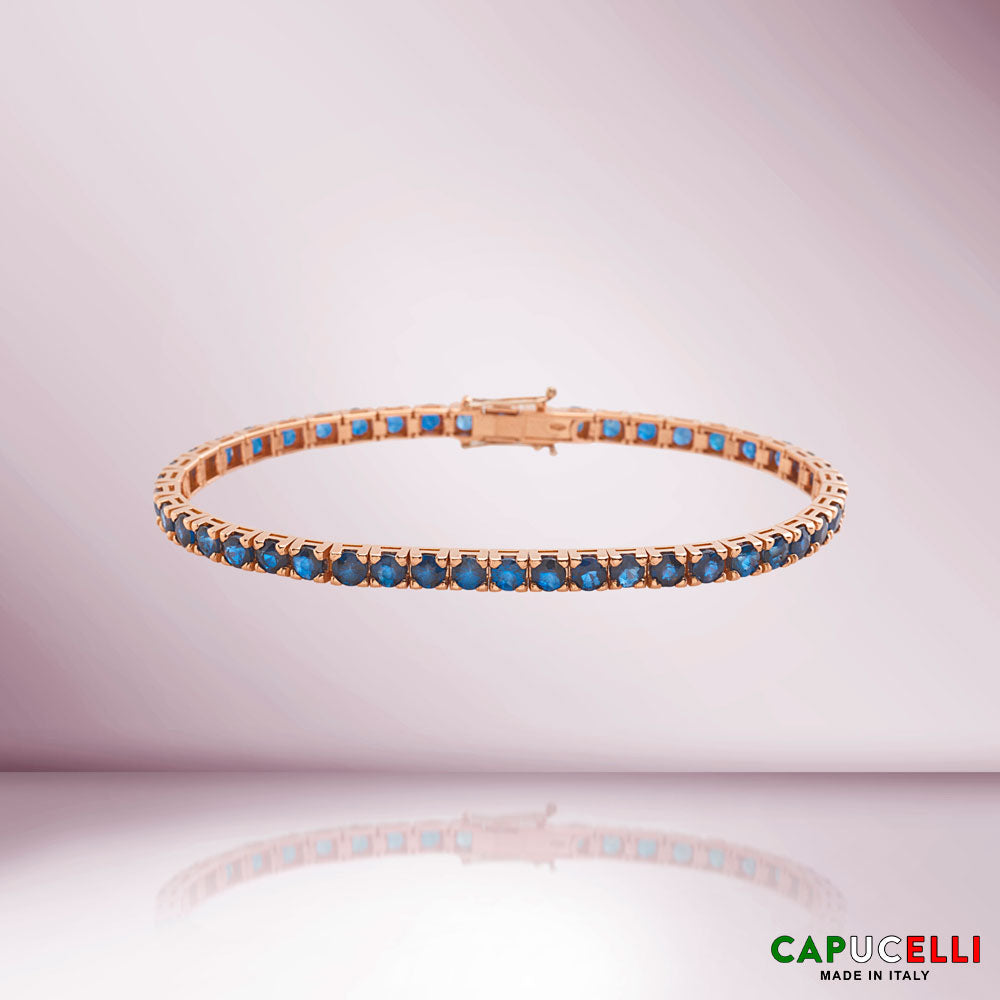 Blue Heat-Diffused Sapphires Tennis Bracelet (10.15 ct.) 4-Prongs Setting in 18K Gold, Made in Italy