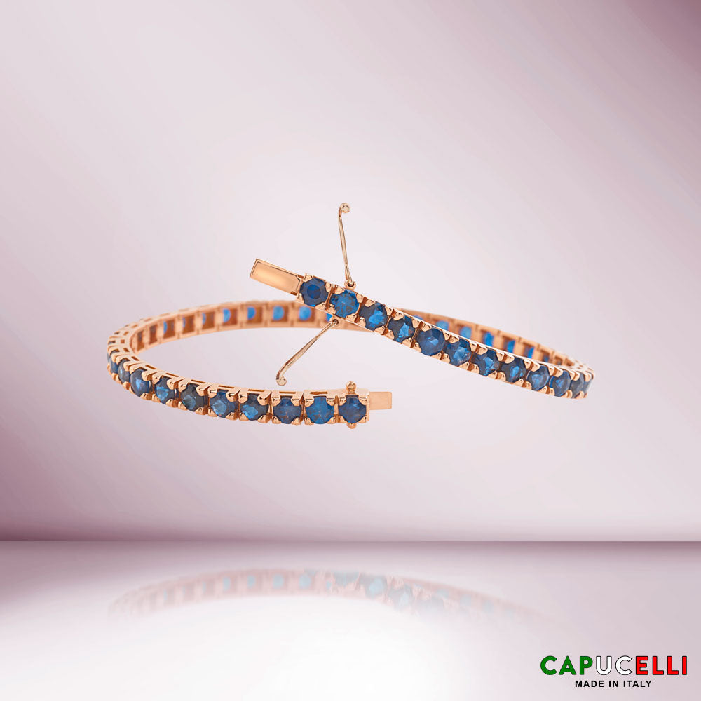 Blue Heat-Diffused Sapphires Tennis Bracelet (10.15 ct.) 4-Prongs Setting in 18K Gold, Made in Italy