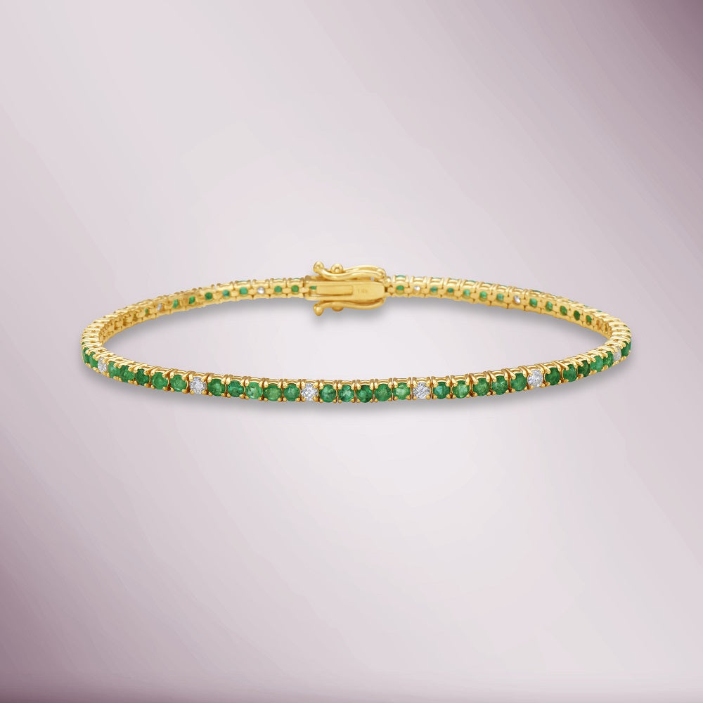 Alternate Diamonds & Emerald Tennis Bracelet ( 3.80 ct.) 4-Prongs Setting in 14K Gold