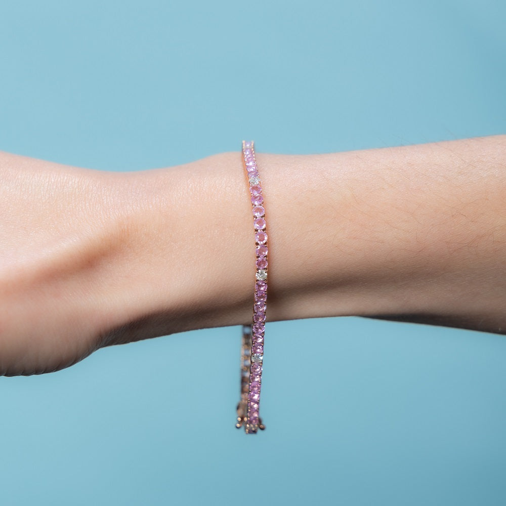 Alternate Diamond & Pink Sapphires Tennis Bracelet (6.10 ct.) 4-Prongs Setting in 14K Gold