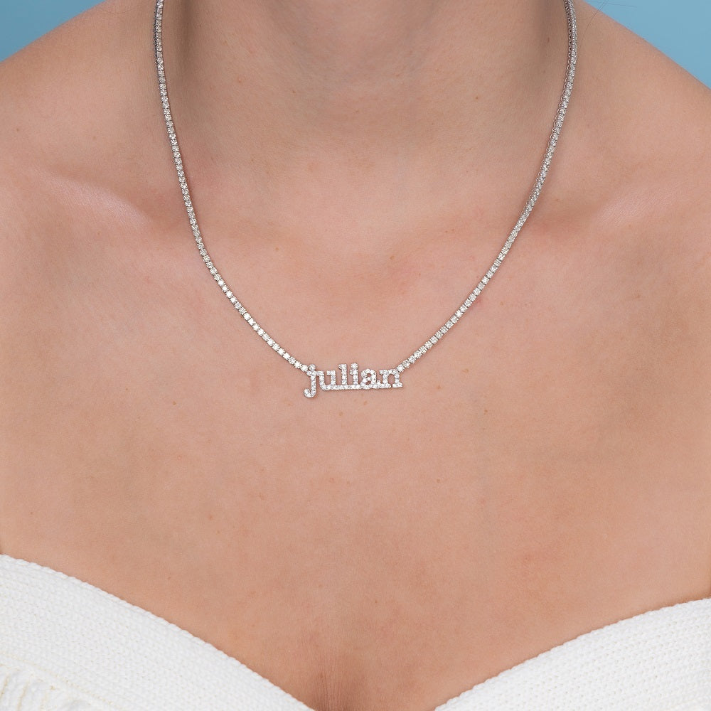 Custom Name Plate Diamond Tennis Necklace ( 5.00 ct.) 1.7 mm 4-Prongs Setting in 14K Gold