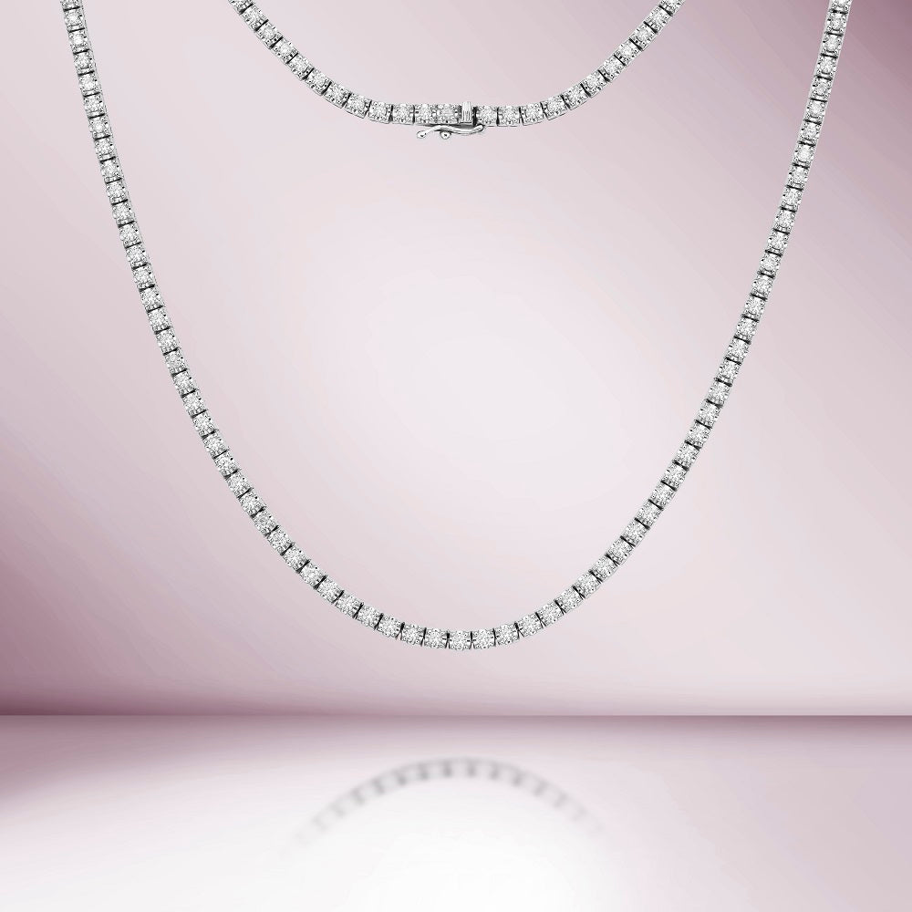 Diamond Tennis Necklace (4.00 ct.) 2.1 mm Tiger Eye 4-Prongs Setting in 14K Gold