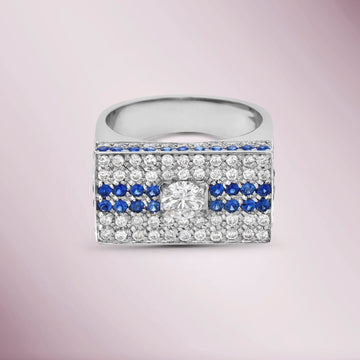 Ready to Ship Diamond & Blue Sapphire Pave' Rectangular Shape Ring (1.58 ct.) in 18K Gold