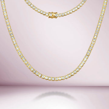 Emerald Cut Diamond Tennis Necklace (13.60 ct.) Bezel Set in 18K Gold