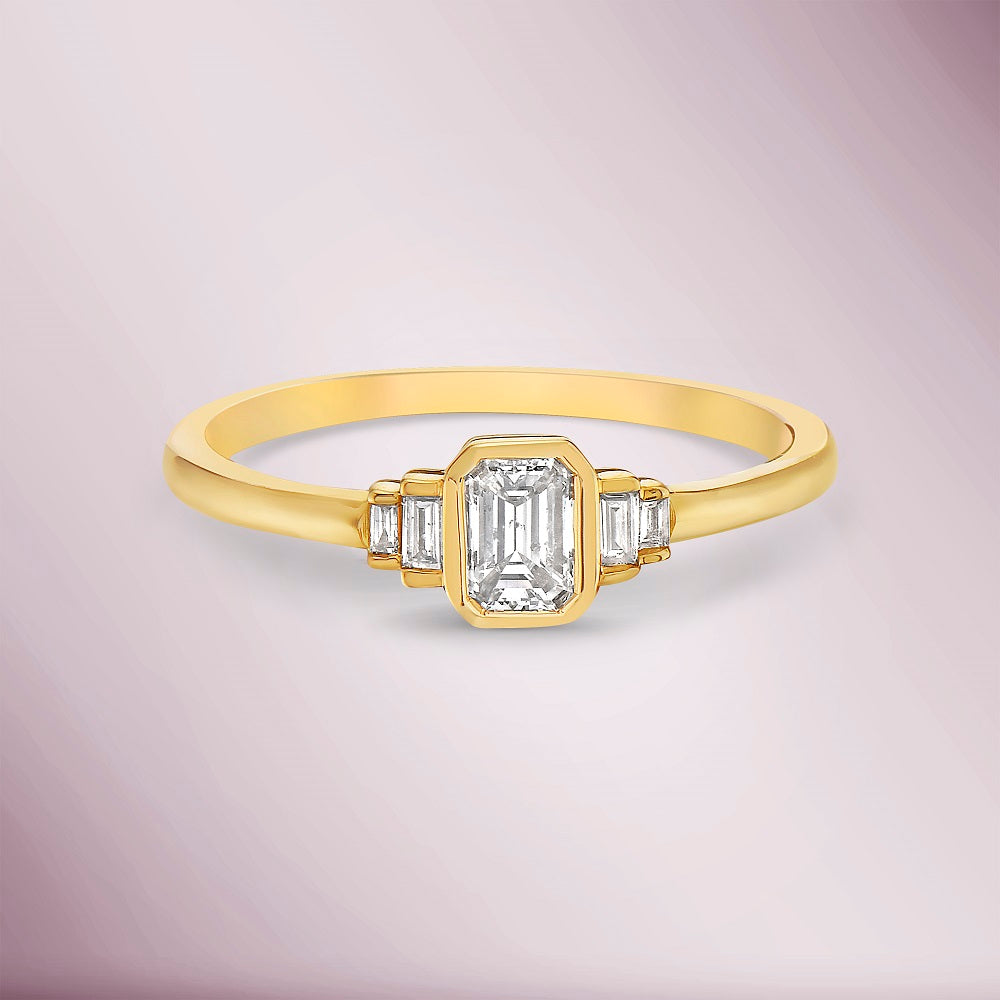 Emerald Cut Diamond & Baguette Ring (0.44 ct.) Bezel Set in 14K Gold