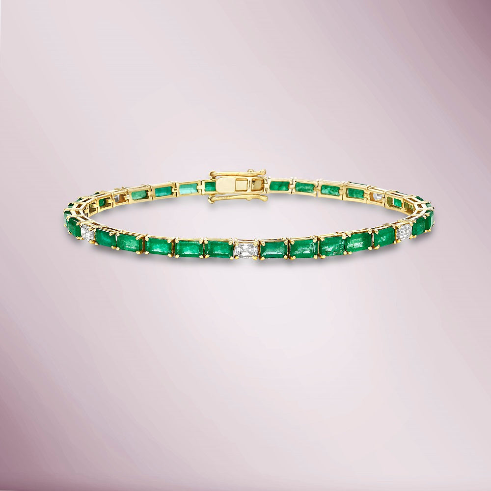 Emerald Cut Emerald & Diamond Tennis Bracelet (8.70 ct.) 4-Prongs Setting in 14K Gold
